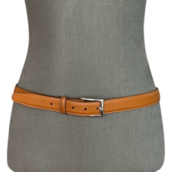 Mens Belt LAND’S END Belt Mid Brown Leather Silver Square Buckle Dress Belt - Picture 3 of 7